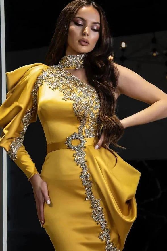 Yellow Halter Mermaid One Shoulder Long Sleeve Prom Dress With Beadings by BIZTUNNEL