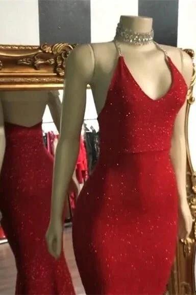 Glamour Red Hot Spaghetti Straps Sequin Mermaid Prom Dress by BIZTUNNEL