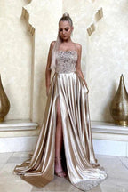 Long A-line Satin Lace Backless Front Slit Evening Prom Dresses with Pockets by BIZTUNNEL