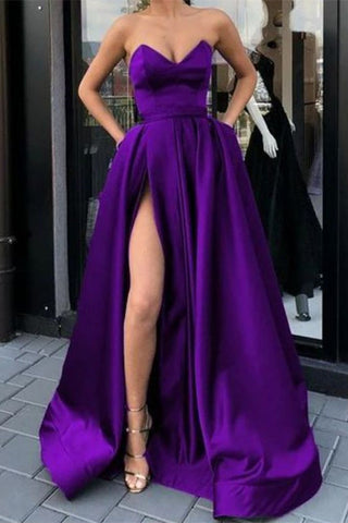 Stunning Long A-line Sweetheart Satin Front Slit Prom Dresses with Pockets