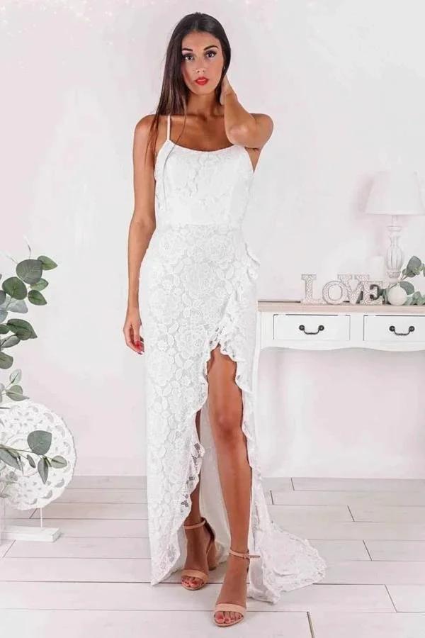 Slit Mermaid Strapless Spaghetti Straps Prom Dress with Lace Applique by BIZTUNNEL