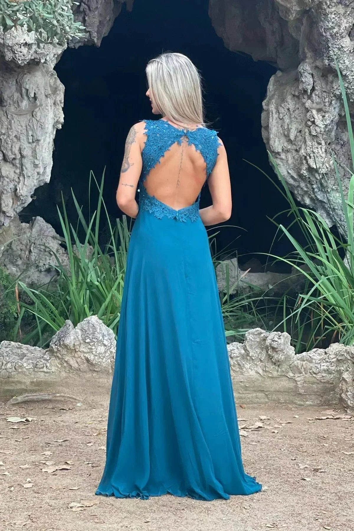 V Neck Split Front Chiffon Long Evening Dress with Elegant Appliques Lace by BIZTUNNEL