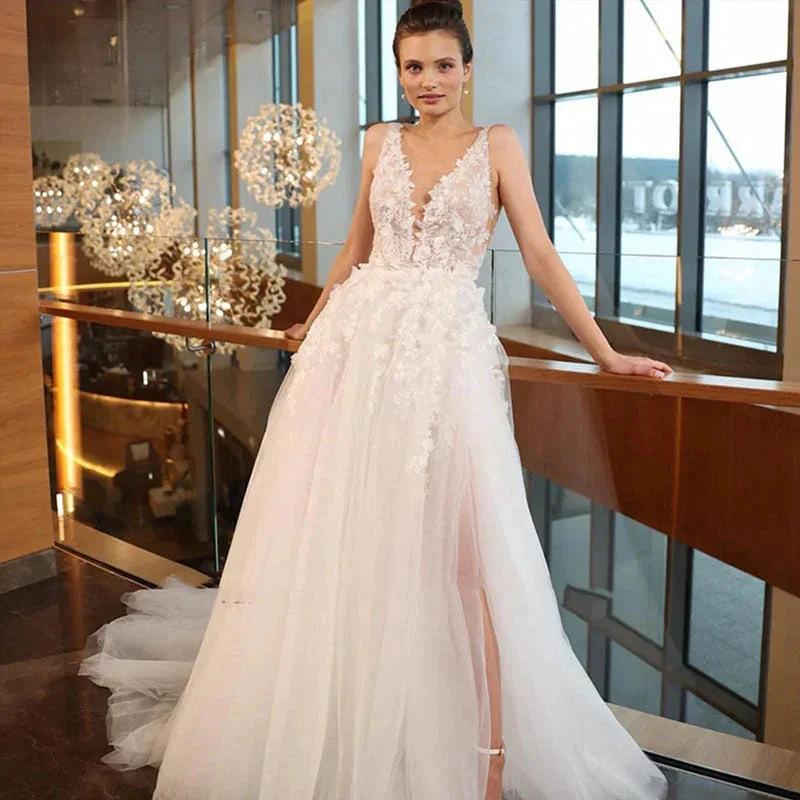 Appliques Wedding Dresses For Women Sexy Backless V-neck Bridal Gown Spaghetti Strap Elegant Bohemian Princess Dress by payinti