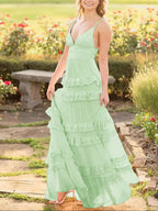 Decebal | A Line Pink Chiffon Tiered Ruffles Long Prom Dress by KissProm