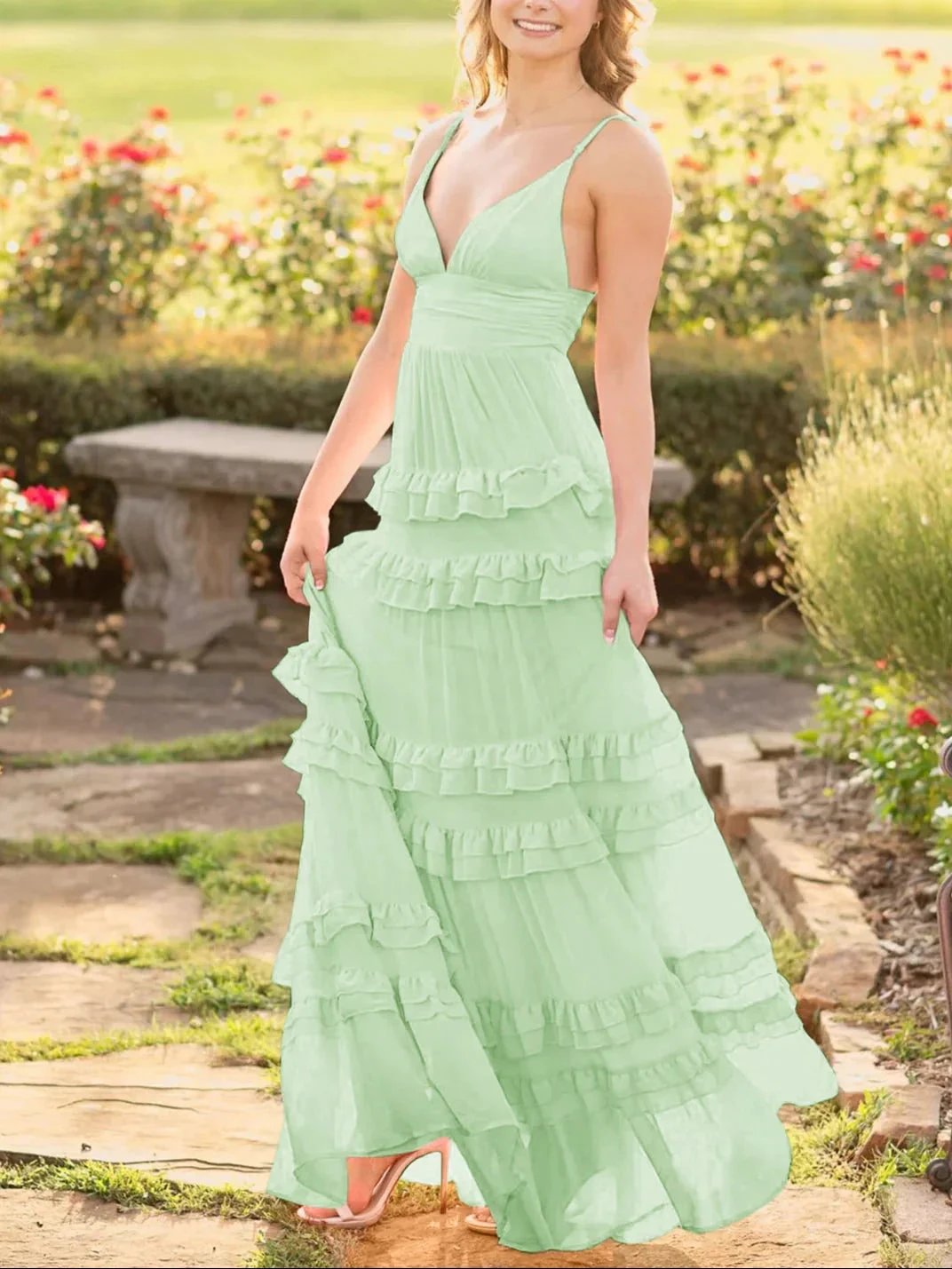 Decebal | A Line Pink Chiffon Tiered Ruffles Long Prom Dress by KissProm