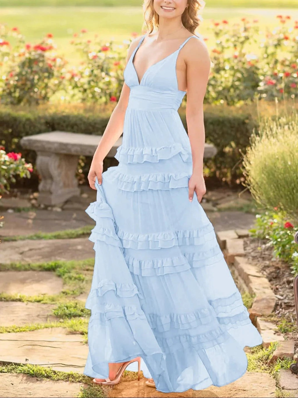 Decebal | A Line Pink Chiffon Tiered Ruffles Long Prom Dress by KissProm