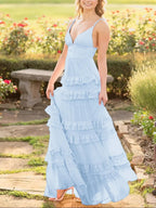 Decebal | A Line Pink Chiffon Tiered Ruffles Long Prom Dress by KissProm