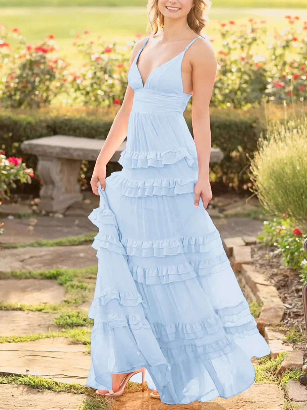Decebal | A Line Pink Chiffon Tiered Ruffles Long Prom Dress by KissProm