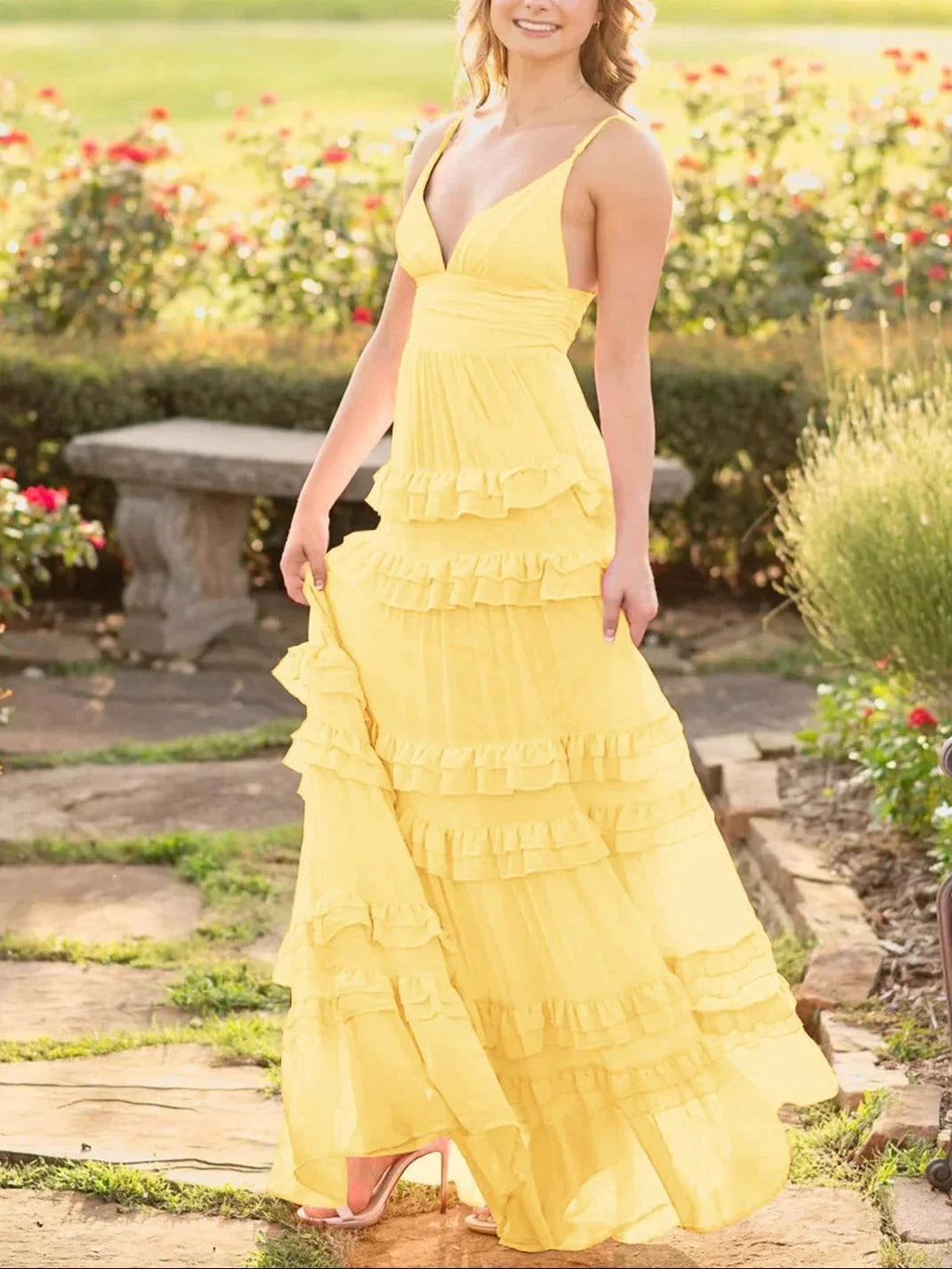 Decebal | A Line Pink Chiffon Tiered Ruffles Long Prom Dress by KissProm