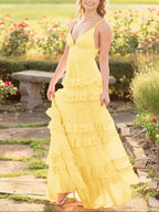 Decebal | A Line Pink Chiffon Tiered Ruffles Long Prom Dress by KissProm