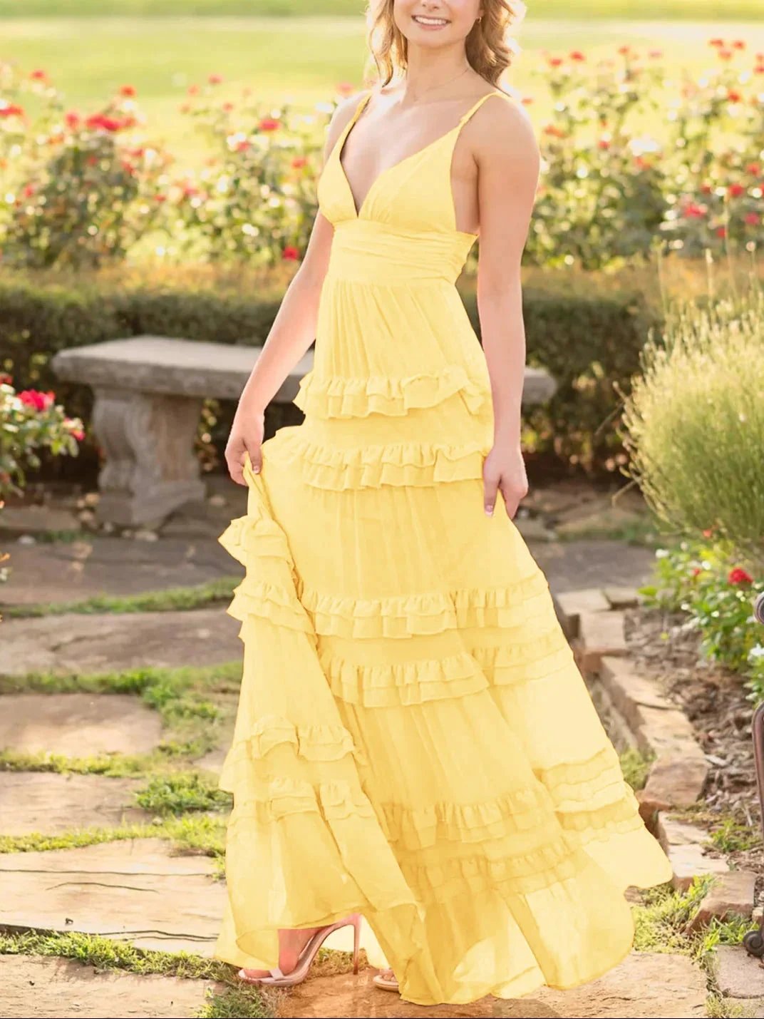 Decebal | A Line Pink Chiffon Tiered Ruffles Long Prom Dress by KissProm