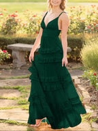Decebal | A Line Pink Chiffon Tiered Ruffles Long Prom Dress by KissProm