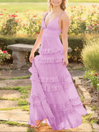 Decebal | A Line Pink Chiffon Tiered Ruffles Long Prom Dress by KissProm