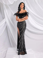 QOQ Fashionable And Elegant Black Faux Fur Patchwork Shoulder Dress Rhinestone Embellished Suitable For Formal Dinners And Galas - view 1