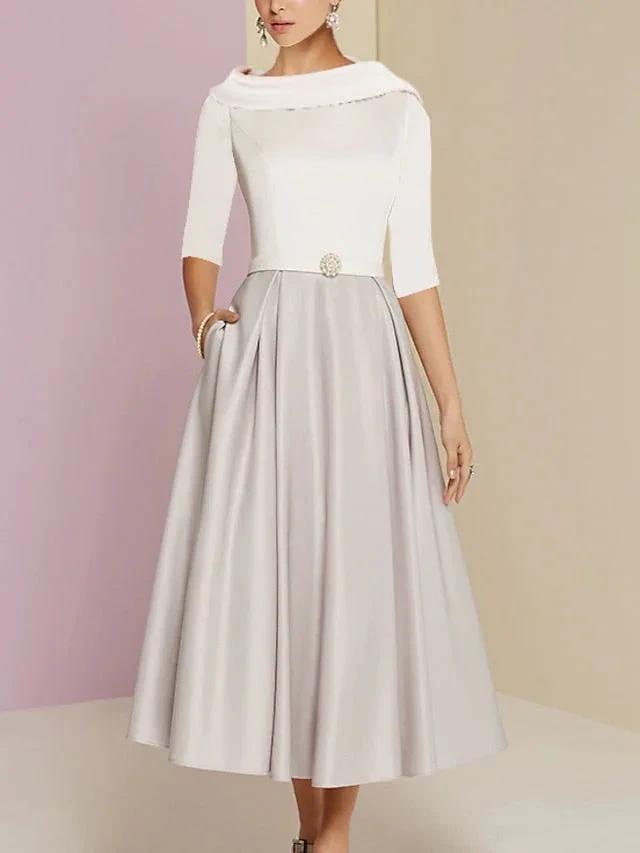 A-Line/Princess Jewel Neck Half Sleeve Tea Length Mother of the Bride Dresses with Pockets Pleats by Dreamylily