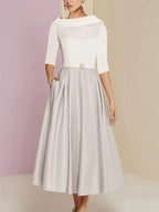 A-Line/Princess Jewel Neck Half Sleeve Tea Length Mother of the Bride Dresses with Pockets Pleats by Dreamylily
