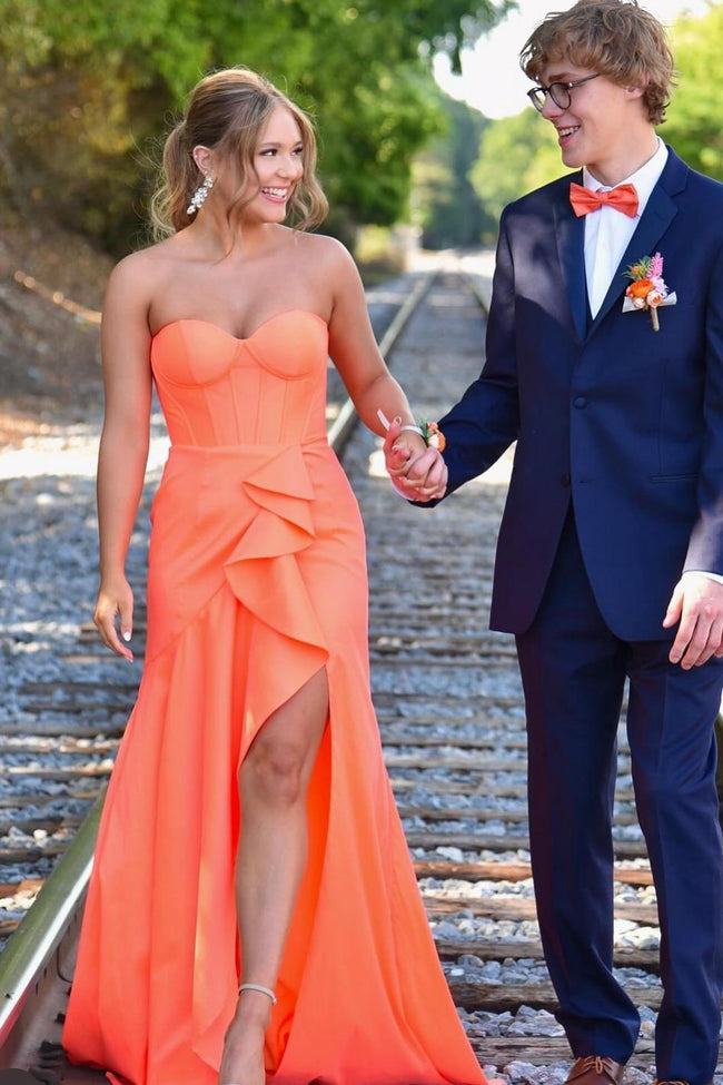 Deena | Sweetheart Orange Mermaid Long Party Dress with Slit Hover Image