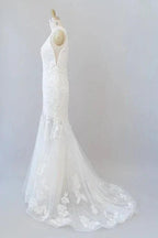 Deep V-neck Appliques Tulle Mermaid Elegant Wedding Dresses by misshow.com