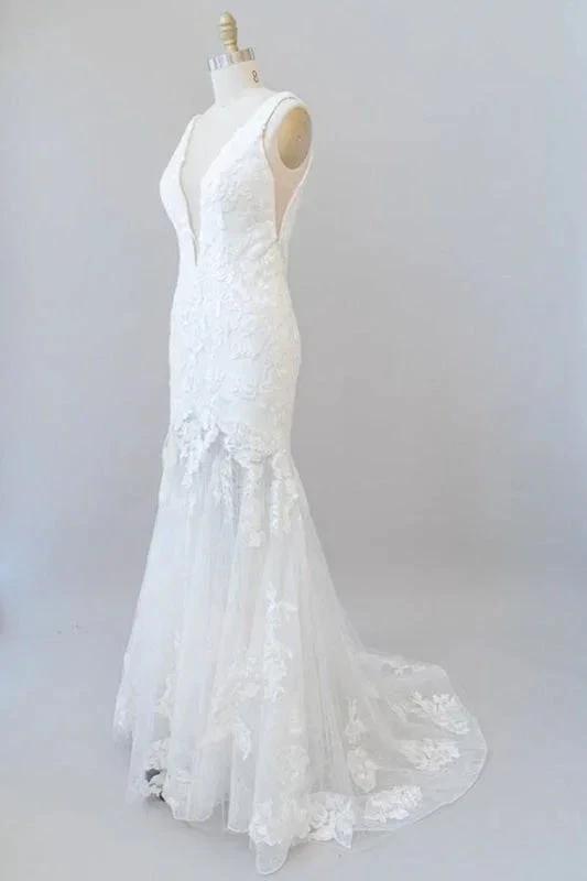 Deep V-neck Appliques Tulle Mermaid Elegant Wedding Dresses by misshow.com