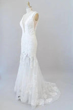 Deep V-neck Appliques Tulle Mermaid Elegant Wedding Dresses by misshow.com