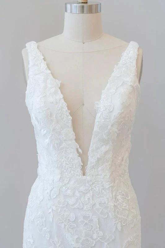 Deep V-neck Appliques Tulle Mermaid Elegant Wedding Dresses by misshow.com