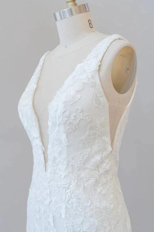Deep V-neck Appliques Tulle Mermaid Elegant Wedding Dresses by misshow.com