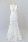 Deep V-neck Appliques Tulle Mermaid Elegant Wedding Dresses by misshow.com
