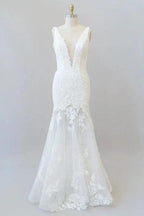 Deep V-neck Appliques Tulle Mermaid Elegant Wedding Dresses by misshow.com