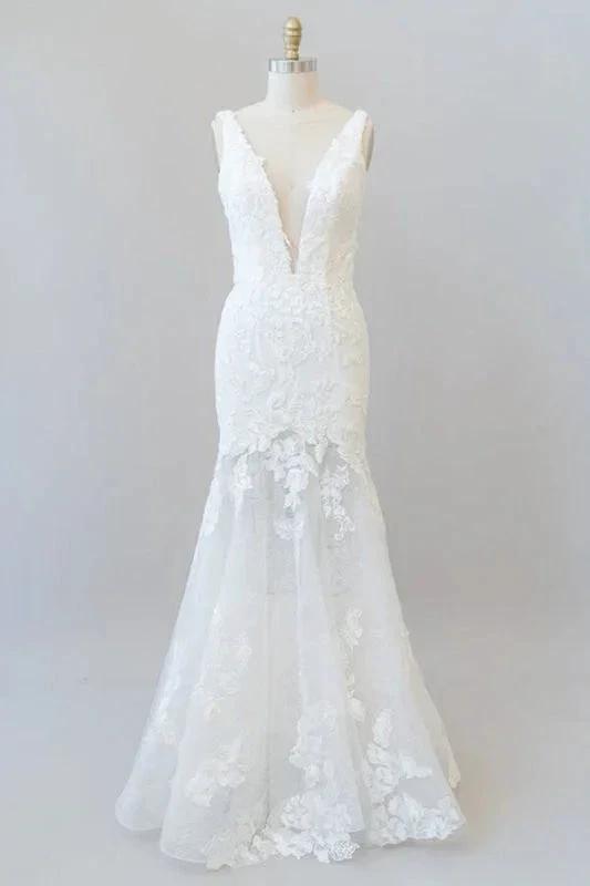 Deep V-neck Appliques Tulle Mermaid Elegant Wedding Dresses by misshow.com