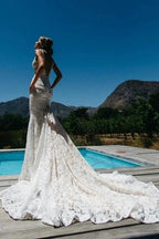 Deep V-Neck Beach Sleeveless Lace Mermaid Elegant Wedding Dresses by misshow.com
