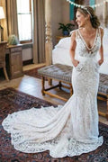 Deep V-Neck Beach Sleeveless Lace Mermaid Elegant Wedding Dresses by misshow.com
