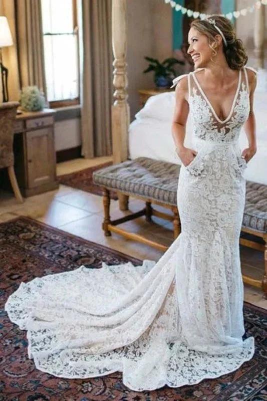 Deep V-Neck Beach Sleeveless Lace Mermaid Elegant Wedding Dresses by misshow.com