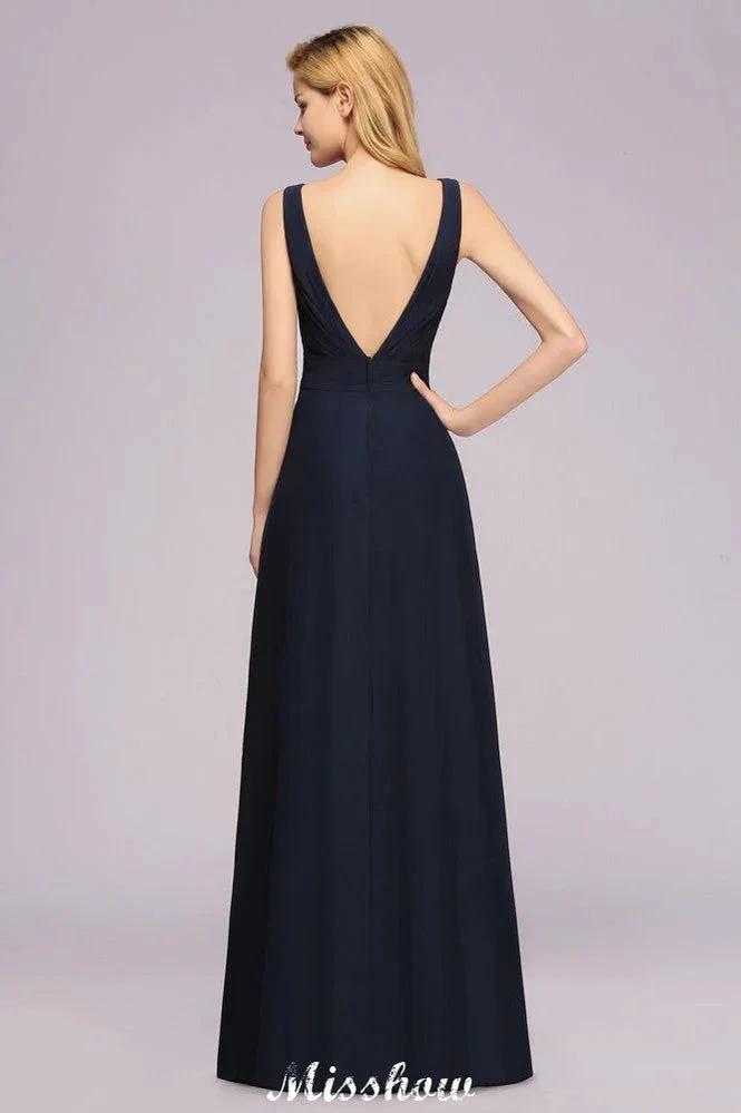 Deep V-Neck Beading A-line Bridesmaid Dress Floor Length Maid of Honor Dress by misshow.com