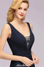 Deep V-Neck Beading A-line Bridesmaid Dress Floor Length Maid of Honor Dress by misshow.com