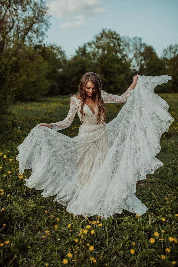 Deep V Neck Boho Wedding Dress Long Sleeve Rustic Wedding Dress WD373 by pgmdress