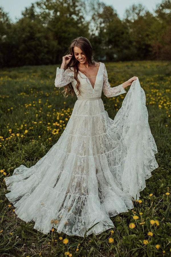 Deep V Neck Boho Wedding Dress Long Sleeve Rustic Wedding Dress WD373 by pgmdress