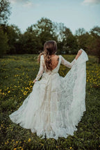 Deep V Neck Boho Wedding Dress Long Sleeve Rustic Wedding Dress WD373 by pgmdress