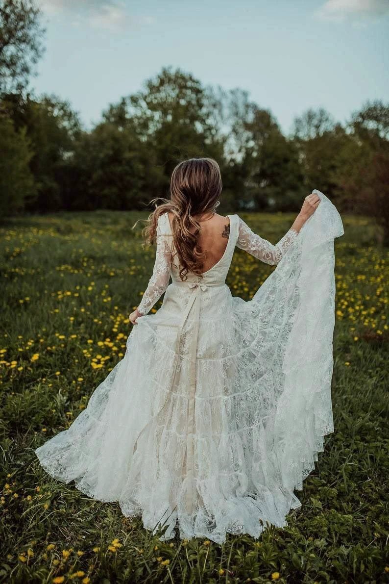 Deep V Neck Boho Wedding Dress Long Sleeve Rustic Wedding Dress WD373 by pgmdress
