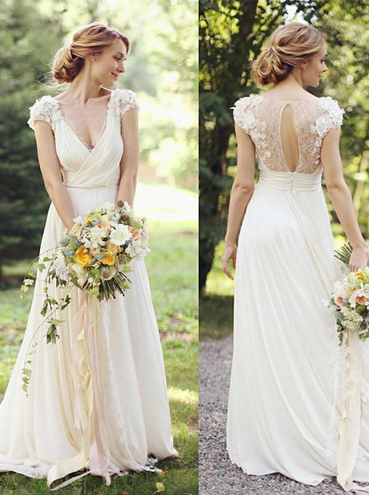 Deep V Neck Cap Sleeve Wedding Dresses Sheer Back Appliques Wedding Gown WD366 by pgmdress