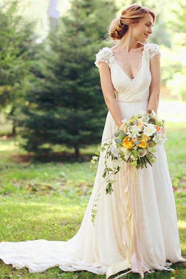 Deep V Neck Cap Sleeve Wedding Dresses Sheer Back Appliques Wedding Gown WD366 by pgmdress