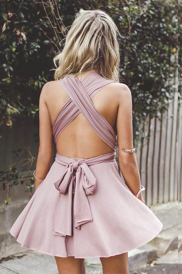Deep V-Neck Criss-Cross Straps Short Blush Satin Homecoming Dress PG198 by pgmdress