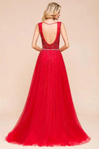 Deep V-Neck Sleeveless Lace Appliques Evening Maxi Dress A-line Chiffon Prom Dress by misshow.com