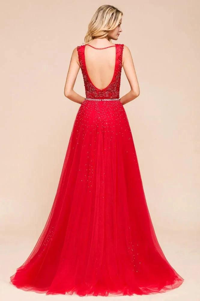 Deep V-Neck Sleeveless Lace Appliques Evening Maxi Dress A-line Chiffon Prom Dress by misshow.com