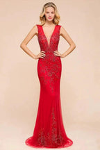 Deep V-Neck Sleeveless Lace Appliques Evening Maxi Dress A-line Chiffon Prom Dress by misshow.com