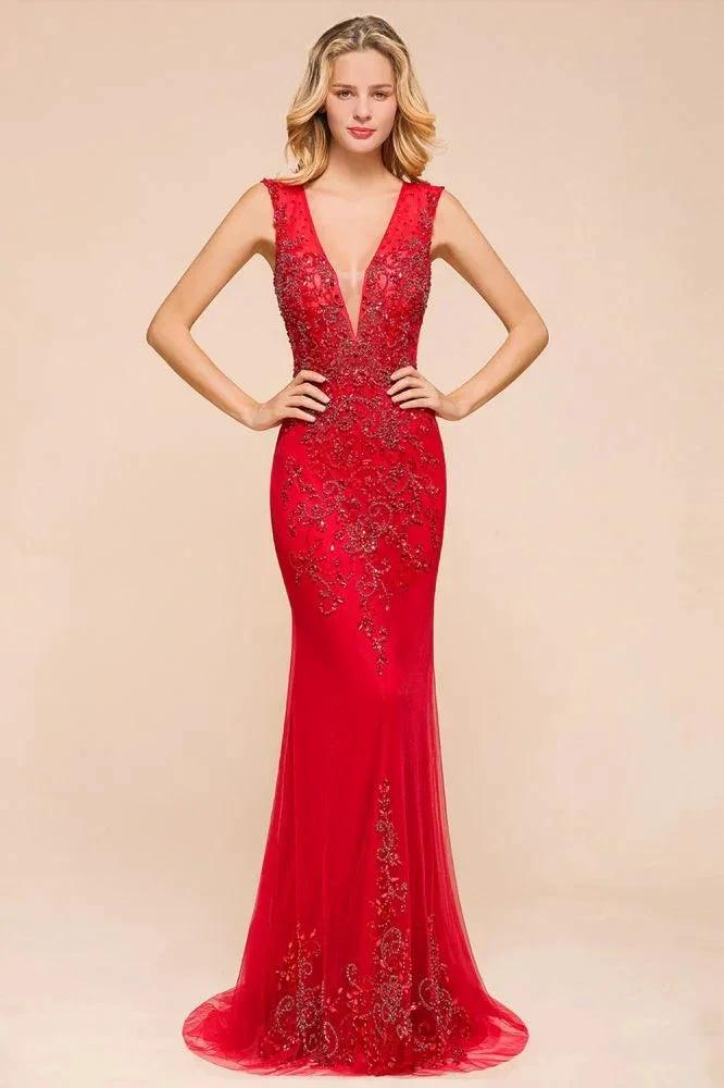 Deep V-Neck Sleeveless Lace Appliques Evening Maxi Dress A-line Chiffon Prom Dress by misshow.com