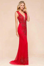 Deep V-Neck Sleeveless Lace Appliques Evening Maxi Dress A-line Chiffon Prom Dress by misshow.com