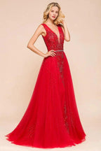 Deep V-Neck Sleeveless Lace Appliques Evening Maxi Dress A-line Chiffon Prom Dress by misshow.com