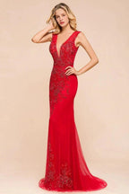 Deep V-Neck Sleeveless Lace Appliques Evening Maxi Dress A-line Chiffon Prom Dress by misshow.com