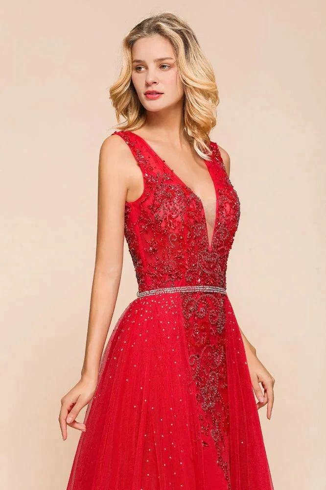Deep V-Neck Sleeveless Lace Appliques Evening Maxi Dress A-line Chiffon Prom Dress by misshow.com