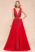 Deep V-Neck Sleeveless Lace Appliques Evening Maxi Dress A-line Chiffon Prom Dress by misshow.com